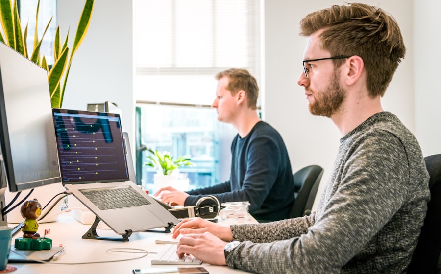 Engineers building software in a bright office